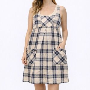 Plaid Sleeveless Dress | Linen Blend | Pockets | Size L